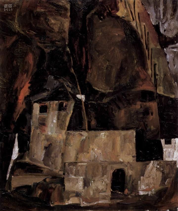 Egon Schiele Wall and house before h'gligem ground with fence